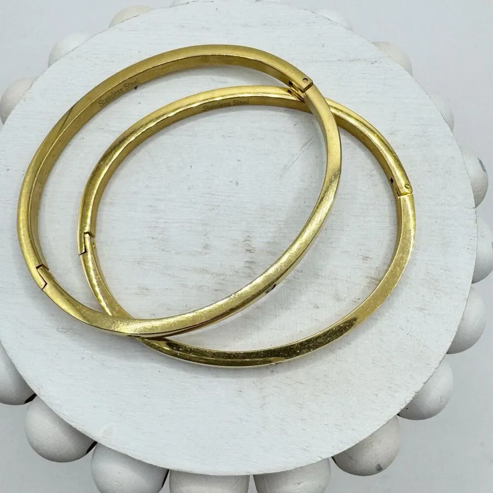 2 Gold Tone Bangle Bracelets With Rhinestone Details Stainless Steel Hinged